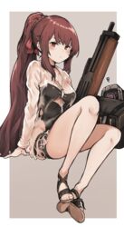  absurdres bag black_one-piece_swimsuit blush braid breasts bullpup choker cleavage closed_mouth commentary dinergate_(girls&#039;_frontline) female girls&#039;_frontline gun hair_ribbon highres jacket kintsuba_(garapagosukkk) long_hair long_sleeves non-humanoid_robot official_alternate_costume one-piece_swimsuit ponytail purple_hair red_eyes red_ribbon ribbon rifle robot sandals sangvis_ferri see-through see-through_jacket sidelocks simple_background sitting sniper_rifle solo squiggle swimsuit swimsuit_under_clothes wa2000_(girls&#039;_frontline) wa2000_(op._manta_ray)_(girls&#039;_frontline) walther walther_wa_2000 weapon wet wet_clothes 