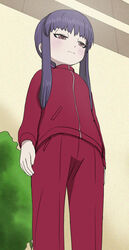  arms_at_sides blush brown_eyes closed_mouth female haruyama_kazunori high_score_girl jacket long_hair long_sleeves oono_akira pants purple_hair red_jacket red_pants solo standing track_jacket track_pants track_suit 