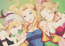  3girls blonde_hair blue_eyes breasts cape celes_chere cleavage closed_eyes dissidia_final_fantasy dissidia_final_fantasy_opera_omnia earrings final_fantasy final_fantasy_vi hair_ornament hat highres holding_hands interlocked_fingers jewelry looking_at_viewer lying md5_mismatch medium_breasts multiple_girls on_grass purple_eyes relm_arrowny resolution_mismatch smile strapless terra_branford tube_top upper_body vest yawai_tofu 