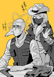  1boy bad_id bad_pixiv_id bandaged_arm bandaged_hand bandaged_head bandages belt black_vest breasts cleavage closed_eyes coat collarbone collared_shirt commentary_request courier_(fallout_new_vegas) cowboy_hat fallout:_new_vegas fallout_(series) female greyscale_with_colored_background gun hair_between_eyes handgun hat joshua_graham long_sleeves looking_away m1911 monochrome open_clothes open_coat pip_boy pocket police police_uniform respirator shirt short_hair simple_background sitting standing sweatdrop table translated uniform upper_body vest weapon white_shirt yellow_background yukiyanagi 