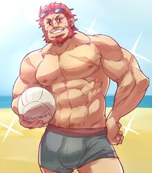  1boy abs alternate_costume anntee ball bara beard bulge cowboy_shot day eyewear_on_head facial_hair fate/grand_order fate/zero fate_(series) green_male_swimwear hand_on_own_hip iskandar_(fate) large_pectorals looking_at_viewer male_focus male_swimwear mature_male muscular muscular_male nipples outdoors pectorals red_eyes red_hair scar short_hair smile solo sparkle summer topless_male very_short_hair volleyball volleyball_(object) 