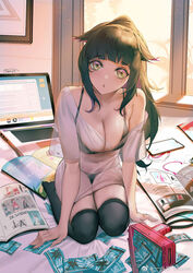  animal_ears arknights artist_name bikini black_bra black_hair black_panties black_thighhighs blunt_bangs blush book bow bow_bra bra breasts cellphone chinese_commentary cleavage commentary_request computer eyelashes female head_tilt high_ponytail highleg highleg_bikini highres indoors itoucon jessica_(arknights) laptop large_breasts long_hair looking_at_viewer lungmen_dollar money navel off-shoulder_shirt off_shoulder on_bed panties parted_lips phone ponytail see-through seiza shirt sidelocks signature sitting smartphone solo string_panties swimsuit thighhighs thighs underwear weibo_logo weibo_watermark window yellow_eyes 