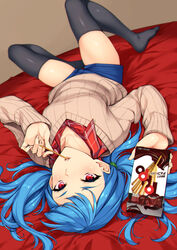  bad_id bad_pixiv_id black_thighhighs blue_hair blue_shorts brown_sweater female hair_tubes holding long_hair long_sleeves looking_at_viewer lying on_back original plaid plaid_shirt red_eyes shirt shorts solo sugarbeat sweater thighhighs v-neck yukari_(sugarbeat) 