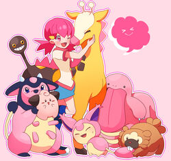  ;d bidoof blue_legwear blush buttons cleffa female girafarig hair_ornament hairclip highres jacket leg_up lickitung long_hair md5_mismatch miltank nishikawa_(fe) one_eye_closed open_mouth pink_background pink_hair pokemon pokemon_(creature) pokemon_hgss shoes short_shorts short_sleeves shorts simple_background skitty smile socks standing standing_on_one_leg sweatdrop tongue twintails white_jacket whitney_(pokemon) 