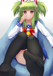  absurdres beatmania_iidx bell black_thighhighs blue_skirt blunt_bangs bombergirl bow bowtie closed_mouth feet female foreshortening green_hair hama_(daisekken) hand_on_own_cheek hand_on_own_face headgear highres hishimiya_tsugaru long_sleeves looking_at_viewer maid_headdress miniskirt neck_bell no_shoes pleated_skirt red_bow red_bowtie red_eyes sailor_collar sailor_shirt school_uniform serafuku shirt sidelocks sitting skirt smile solo thighhighs two_side_up 