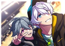  2boys absurdres baseball_cap black_headwear blue_eyes blurry blurry_background brown_jacket commentary grey_hair grey_jacket grin hair_between_eyes hat highres honkai_(series) honkai_impact_3rd jacket jewelry kaixuan_lushang kevin_kaslana long_hair long_sleeves looking_at_viewer multiple_boys necklace open_mouth purple_eyes selfie short_hair smile su_(honkai_impact) teeth v white_hair 