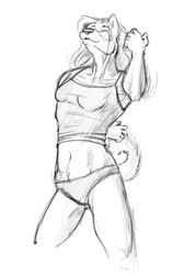  2009 anal anthro black_nose breasts canid canine canis closed_eyes clothed clothing domestic_dog eunuch female hand_behind_back invisible_partner kirinrahl line_art lol_comments male_(lore) mammal monochrome navel shirt simple_background sleeveless sleeveless_shirt slim small_breasts smile solo tank_top thong topwear underwear white_background 