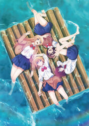  4girls amatani_mutsu bare_legs barefoot blonde_hair blu-ray_cover blue_skirt bow bowtie brown_hair clothes_around_waist cover dvd_cover full_body glasses highres kujou_shion long_hair looking_at_viewer lying miniskirt multiple_girls nishio_junnosuke ocean official_art on_back on_side onishima_homare open_mouth partially_submerged raft red-framed_eyewear red_bow red_bowtie school_uniform shirt skirt sleeves_rolled_up smile sounan_desuka? suzumori_asuka sweater_vest water white_shirt 