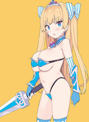  adapted_costume alternate_color armor bare_shoulders bikini bikini_armor blade_(galaxist) blonde_hair blue_armor blue_bikini blue_eyes blue_gloves blue_nails blue_thighhighs blush borrowed_character bow bracer breasts bursting_breasts cosplay diadem earrings elbow_gloves elizabeth_bathory_(brave)_(fate) elizabeth_bathory_(brave)_(fate)_(cosplay) elizabeth_bathory_(fate) fate/grand_order fate_(series) female fingerless_gloves fingernails from_side gloves hairband hairbow highleg highleg_bikini holding holding_sword holding_weapon jewelry large_breasts lina_(michihasu) long_hair looking_at_viewer looking_to_the_side multicolored_nails nail_polish navel open_mouth original parted_lips simple_background skindentation solo standing striped striped_bow swimsuit sword thighhighs tiara two_side_up underboob undersized_breast_cup undersized_clothes vertical-striped_bow vertical_stripes weapon yellow_background 