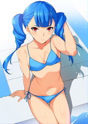  arm_support bad_id bad_pixiv_id bare_shoulders bikini blue_bikini blue_hair breasts cleavage closed_mouth collarbone curly_hair female hand_in_own_hair long_hair looking_at_viewer navel original outdoors poolside red_eyes sidelocks sitting small_breasts soaking_feet solo stomach sugarbeat swimsuit thighs twintails yukari_(sugarbeat) 