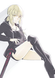  absurdres artoria_pendragon_(fate) black_footwear black_jacket black_ribbon black_shirt black_shorts blonde_hair boots closed_mouth collarbone excalibur_morgan_(fate) fate/grand_order fate_(series) female floating_hair hair_between_eyes hair_ribbon hand_on_hilt highres hood hood_down hooded_jacket invisible_chair jacket jewelry knee_boots long_hair looking_at_viewer necklace official_alternate_costume open_clothes open_jacket ribbon saber_alter saber_alter_(ver._shinjuku_1999)_(fate) shayubi shirt short_shorts shorts simple_background sitting smile smug solo white_background yellow_eyes 