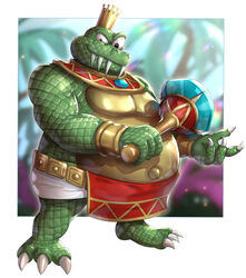  2020 3_toes 4_fingers anthro belly biceps big_belly biped bloodshot_eyes border bottomwear claws clothed clothing collar crocodile crocodilian crocodylid crown digital_media_(artwork) donkey_kong_(series) egyptian egyptian_clothing fangs feet finger_claws fingers full-length_portrait gem gonzarez1938 green_body green_scales headgear hi_res holding_object holding_staff k_rool kremling loincloth looking_at_viewer male musclegut muscular muscular_anthro muscular_male navel nintendo outie_navel overweight overweight_anthro overweight_male pecs plantigrade portrait reptile scales scalie scepter smile snout solo staff teeth toe_claws toes topless white_border white_claws 