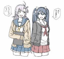  2girls antenna_hair blue_eyes blue_hair blue_skirt blush breasts brown_cardigan cardigan cleavage clipboard cowboy_shot cropped_legs grey_cardigan grey_hair hair_tie isuzu_(kancolle) isuzu_kai_ni_(kancolle) kantai_collection kinugasa_(kancolle) kinugasa_kai_ni_(kancolle) large_breasts long_hair multiple_girls neckerchief necktie open_mouth pleated_skirt red_neckerchief red_skirt sailor_collar school_uniform serafuku short_hair skirt smile speech_bubble sweatdrop tsukigime twintails yellow_necktie 