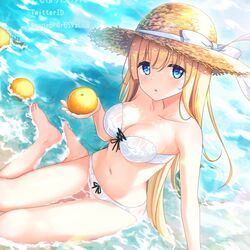  bare_legs bare_shoulders barefoot beach bikini blonde_hair blue_eyes blush breasts cleavage collarbone commentary_request crab feet female food fruit fruit_on_liquid hat hat_ribbon highres holding holding_food holding_fruit legs long_hair looking_at_viewer medium_breasts navel ocean orange_(fruit) original outdoors parted_lips partially_submerged ribbon shimofuri_takenoko sitting solo straw_hat swimsuit toenails toes twitter_username white_bikini 