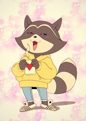  :3 anthro better_version_at_source blush bottomwear chillhop_raccoon clothed clothing conditional_dnp container cup denim denim_bottomwear denim_clothing female footwear fox-pop fully_clothed heart_symbol hi_res hoodie jeans mammal open_mouth pants procyonid raccoon shoes smile sneakers solo steam topwear 