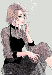  alternate_costume alternate_hairstyle black_dress brown_eyes brown_hair cigarette dress earrings feet_out_of_frame grey_background holding holding_cigarette imuro jewelry kuwabara_shizuru lace lips long_hair low_ponytail parted_lips pink_lips see-through see-through_dress sitting smoking yu_yu_hakusho 