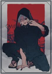  1boy absurdres black_nails black_pants black_robe black_sclera colored_sclera commentary grey_background grey_hair hand_up highres ichi_asakura long_sleeves lower_teeth_only male_focus nail_polish on_one_knee pants parted_bangs red_background red_eyes robe sandals short_hair solo takizawa_seidou teeth toenail_polish toenails tokyo_ghoul tokyo_ghoul:re torn_clothes two-sided_fabric 