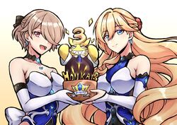  2girls :d absurdres armor armored_dress bare_shoulders bianka_durandal_ataegina bianka_durandal_ataegina_(bright_knight:_excelsis) blonde_hair blue_eyes brown_hair closed_mouth dress earrings elbow_gloves fingerless_gloves gloves hair_between_eyes hair_over_one_eye hair_ribbon highres holding homu_(honkai_impact) honkai_(series) honkai_impact_3rd jewelry kaixuan_lushang long_hair looking_at_viewer mole mole_under_eye multiple_girls open_mouth purple_eyes ribbon rita_rossweisse rita_rossweisse_(artemis) short_hair sleeveless sleeveless_dress smile trophy white_gloves 