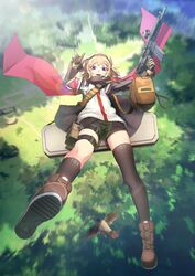  armband assault_rifle asymmetrical_legwear backlighting bag bird black_legwear black_shorts blonde_hair boots brown_bag brown_footwear brown_jacket cross-laced_footwear day falling female finger_gun forest full_body girls&#039;_frontline gloves gun hairband highres holding holding_gun holding_weapon jacket kneehighs korean_commentary looking_at_viewer nature open_clothes open_jacket open_mouth outdoors pouch radio red_eyes red_scarf rifle scarf scw_(girls&#039;_frontline) scw_(gun) short_hair short_shorts shorts shoulder_bag shoulder_strap single_kneehigh single_sock single_thighhigh smile socks solo thigh_pouch thigh_strap thighhighs tree uneven_legwear vikpie weapon 