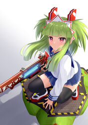  absurdres apex_legends arm_support beatmania_iidx bell black_thighhighs blue_skirt blunt_bangs bombergirl bow bowtie closed_mouth dot_mouth female green_hair gun hama_(daisekken) headgear highres hishimiya_tsugaru long_sleeves maid_headdress miniskirt neck_bell parted_lips pleated_skirt red_bow red_bowtie red_eyes rifle sailor_collar sailor_shirt school_uniform sentinel_esr serafuku shirt shoes sidelocks skindentation skirt sniper_rifle solo squatting thighhighs two_side_up uwabaki weapon zettai_ryouiki 