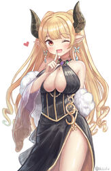  :d alba_(granblue_fantasy) bare_shoulders black_dress blonde_hair blush breasts brooch choker cleavage draph dress drill_hair earrings female finger_to_mouth gold_trim granblue_fantasy heart highres horns jewelry large_breasts long_hair mole mole_under_mouth one_eye_closed open_mouth orange_eyes pointy_ears side_slit sleeveless sleeveless_dress smile solo stole twitter_username vellistix very_long_hair white_background 