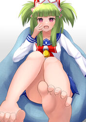  :d absurdres bare_legs barefoot beatmania_iidx bell blue_skirt blunt_bangs bombergirl bow bowtie feet female foot_focus foreshortening green_hair hama_(daisekken) hand_on_own_cheek hand_on_own_face headgear highres hishimiya_tsugaru long_sleeves looking_at_viewer maid_headdress miniskirt neck_bell oerba_yun_fang open_mouth pleated_skirt red_bow red_bowtie red_eyes sailor_collar sailor_shirt school_uniform serafuku shirt sidelocks sitting skin_fang skirt smile soles solo toe_scrunch toes two_side_up 