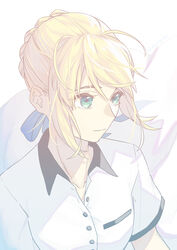  absurdres ahoge artoria_pendragon_(fate) blonde_hair blue_eyes blue_ribbon braid braided_bun closed_mouth collared_shirt dress_shirt fate/stay_night fate_(series) female floating_hair hair_between_eyes hair_bun hair_ribbon highres long_skirt official_alternate_costume ribbon saber_(fate) shayubi shirt short_hair short_sleeves simple_background skirt smile solo twitter_username upper_body white_background white_shirt white_skirt wing_collar 