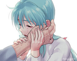  age_difference aged_up aqua_hair beads bow closed_eyes crying female hairbow hand_grab hand_on_another&#039;s_face imuro kuwabara_kazuma long_hair low_ponytail open_mouth out_of_frame portrait red_bow sad scar scar_on_hand sidelocks sweater tears teeth upper_teeth_only white_background white_sweater wrinkled_skin yu_yu_hakusho yukina_(yu_yu_hakusho) 