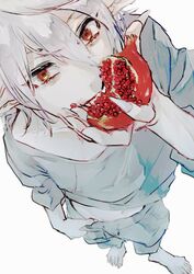  1boy absurdres bad_perspective barefoot claws eating food from_above fruit grey_pants grey_shirt hair_between_eyes highres holding holding_food holding_fruit kemono_jihen looking_at_viewer male_focus medium_hair midriff mihai_florescu navel nenekoneko_(muuhappy) pale_skin pants pointy_ears pomegranate red_eyes shirt solo standing white_background 