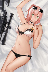  absurdres arm_up armpits bad_id bad_pixiv_id bikini blaser_r93 bolt_action bow bow_bikini breasts choker commentary eyewear_on_head female front-tie_bikini_top front-tie_top girls&#039;_frontline green_eyes groin gun highres looking_away lying medium_breasts navel official_alternate_costume on_back pink_hair r93_(girls&#039;_frontline) r93_(holiday_lucky_star)_(girls&#039;_frontline) rifle salty_eyes short_hair side-tie_bikini_bottom sniper_rifle solo swimsuit thighs underboob weapon 