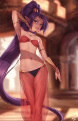  arm_behind_head arm_up armlet armpits artist_name blue_eyes blurry blurry_background bracer breasts choker circlet collarbone commentary dancer depth_of_field earrings female harem_pants high_ponytail highres hoop_earrings jewelry light_smile long_hair looking_at_viewer navel necklace pants personal_ami pointy_ears ponytail purple_choker see-through shantae shantae_(series) small_breasts solo transparent_harem_pants very_long_hair 