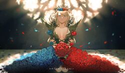  artist_name asymmetrical_bangs black_clover blonde_hair blue_eyes blue_flower blue_rose bouquet braid breasts breasts_apart charlotte_roselei collarbone crown falling_leaves female flower flower_clothes head_wreath holding holding_bouquet kneeling large_breasts leaf long_hair looking_at_viewer red_flower red_rose revealing_clothes rose sanii side_braid solo 