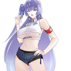  absurdres aria_(epic_seven) armband artist_request bare_shoulders bike_shorts blue_shorts breasts clothing_cutout cowboy_shot crop_top denim denim_shorts earrings epic_seven female hand_on_own_hip hand_up highres holding holding_whistle hoop_earrings jewelry large_breasts long_hair looking_at_viewer micro_shorts midriff navel one_side_up open_fly open_mouth purple_hair shirt short_shorts shorts sleeveless sleeveless_shirt solo stomach thighs transparent_background underboob underboob_cutout v-shaped_eyebrows very_long_hair whistle white_shirt yellow_eyes 