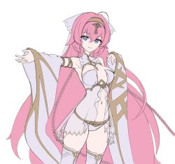 ahoge armpits artist_request bare_shoulders blue_eyes braid breasts center_opening closed_mouth cowboy_shot detached_sleeves dress epic_seven female gold_trim hairband hand_up highres large_breasts long_hair looking_at_viewer navel outstretched_arm panties pink_hair revealing_clothes see-through_clothes see-through_dress simple_background sleeveless sleeveless_dress smile solo stomach tenebria_(epic_seven) thighhighs thighs twin_braids underwear veil very_long_hair white_background white_dress white_panties white_thighhighs wide_sleeves witch_of_the_mere_tenebria_(epic_seven) 