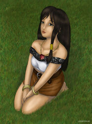  barefoot belt black_hair bracelet dead_or_alive dead_or_alive_4 female grass grey_eyes heart jewelry kokoro_(doa) liquidshade long_hair necklace pencil_skirt skirt solo 