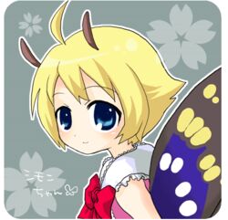  antennae blonde_hair blue_eyes fairy female lowres noriko_(pandora) ribbon shimon_(shimotsuma) shimotsuma short_hair solo wings 