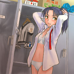  artist_request blue_hair bra dress_shirt female gunparade_march lingerie locker locker_room long_sleeves mouth_hold open_clothes open_shirt panties ponytail ribbon school_uniform shibamura_mai shirt solo source_request standing underwear undressing white_panties yellow_eyes 