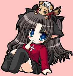  1boy animal_ears archer_(fate) black_thighhighs cat_ears chibi chibi_only dark-skinned_male dark_skin fate/stay_night fate_(series) female long_hair long_sleeves lowres nekokoneko nekoneko thighhighs tohsaka_rin turtleneck two_side_up 