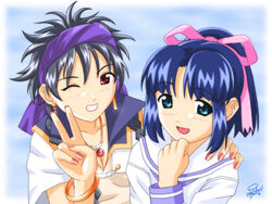  2girls black_hair blue_eyes blue_hair bracelet breasts cleavage crossover earrings hair_ribbon hairband hakuhouin_ayano jewelry keisuke_(kei-station) long_sleeves medium_breasts missing_blue multiple_girls nail_polish necklace one_eye_closed pink_nails red_eyes ribbon ruuna_(missing_blue) school_uniform signature soreyuke!_uchuu_senkan_yamamoto_youko source_request v 