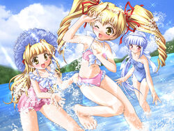  3girls barefoot beach bikini blonde_hair blue_hair blush bow day drill_hair game_cg hair_ribbon hairbow hat jouzenji_koko jouzenji_ruru kimi_ni_okuru_tsubasa long_hair mizushiro_takuya multiple_girls ocean one_eye_closed outdoors photoshop_(medium) red_eyes ribbon source_request splashing swimsuit twintails umeno_kuu wading water yellow_eyes 