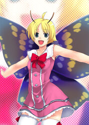  :d antennae bad_id blonde_hair blue_eyes bow butterfly_wings cowboy_shot fairy female insect_wings open_mouth puyo_(puyotopia) red_bow shimon_(shimotsuma) shimotsuma smile solo standing thighhighs white_thighhighs wings 