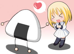  &gt;_&lt; artist_request blonde_hair blush chibi chibi_only closed_eyes female food fruits_basket heart long_sleeves onigiri pleated_skirt school_uniform short_hair skirt solo souma_kisa source_request thighhighs 