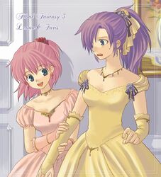  2girls artist_request blue_eyes bridal_gauntlets character_name copyright_name dress earrings faris_scherwiz final_fantasy final_fantasy_5 flower gloves hair_flower hair_ornament half_updo jewelry lenna_charlotte_tycoon multiple_girls necklace open_mouth pink_hair ponytail purple_hair sarisa_highwind_tycoon siblings sisters smile source_request sweatdrop 