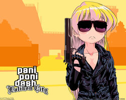  amt_hardballer_longslide cosplay female fingerless_gloves gloves grand_theft_auto gun handgun jacket leather leather_jacket pani_poni_dash! parody photoshop_(medium) rebecca_miyamoto solo sunglasses t-800 t-800_(cosplay) terminator_(series) the_terminator weapon 