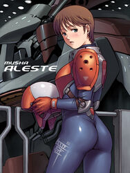  1990s_(style) aleste armor ass black_bodysuit bodysuit brown_hair circle_garyuu copyright_name cowboy_shot ellinor_weisen female game_console gloves green_eyes helmet mecha military military_uniform musha_(mecha) musha_aleste pilot_suit red_gloves retro_artstyle robot sega_mega_drive short_hair skin_tight solo spacesuit uniform 