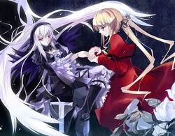  2girls blonde_hair capelet dress floating floating_hair flower frills hairband hand_grab hinoto long_hair long_sleeves multiple_girls profile red_dress red_eyes rose rozen_maiden shinku suigintou very_long_hair white_hair wings 