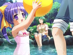  2girls ball beachball bow braid casual_one-piece_swimsuit caustics closed_eyes day flat_chest forest frilled_one-piece_swimsuit frills game_cg green_hair hairbow happy holding holding_ball holding_beachball lolicon long_hair looking_up multiple_girls murakami_suigun nature one-piece_swimsuit outdoors pia_carrot_(series) pia_carrot_e_youkoso!!_g.o. ponytail purple_eyes purple_hair reflection single_braid sitting sleeves_rolled_up soaking_feet swimsuit tree water yamana_kaede yamana_tokiko 