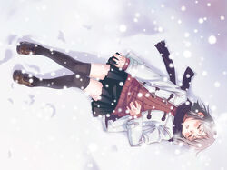  closed_eyes female long_sleeves miniskirt nyaou original sad sad_girl_in_snow scarf skirt snow snowing socks solo sweater thighhighs zettai_ryouiki 