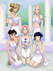  5girls ancient_greek_clothes ankle_lace-up apoptygma armlet arms_at_sides bare_arms bare_shoulders barefoot blonde_hair bracelet breasts chiton cleavage commentary dress english_commentary flower greco-roman_clothes greek_text hands_on_lap hands_on_own_hips himation holding holding_flower hyuuga_hinata ino_yamanaka jewelry kneeling looking_at_viewer md5_mismatch midriff multiple_girls naruto naruto_(series) navel off-shoulder_dress off_shoulder paintpixel peplos photoshop_(medium) pillar quad_tails sakura_haruno seiza short_dress sitting small_breasts smile standing temari_(naruto) tenten_(naruto) tunic twiddling_fingers 