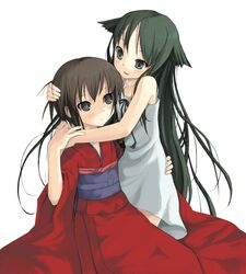  2girls brown_eyes brown_hair camisole futaba_channel green_eyes green_hair guro_cure ikura_hato japanese_clothes kimono kurame kusari_hime:_euthanasia long_sleeves multiple_girls ponytail ribbon saya_(saya_no_uta) saya_no_uta slit_pupils 